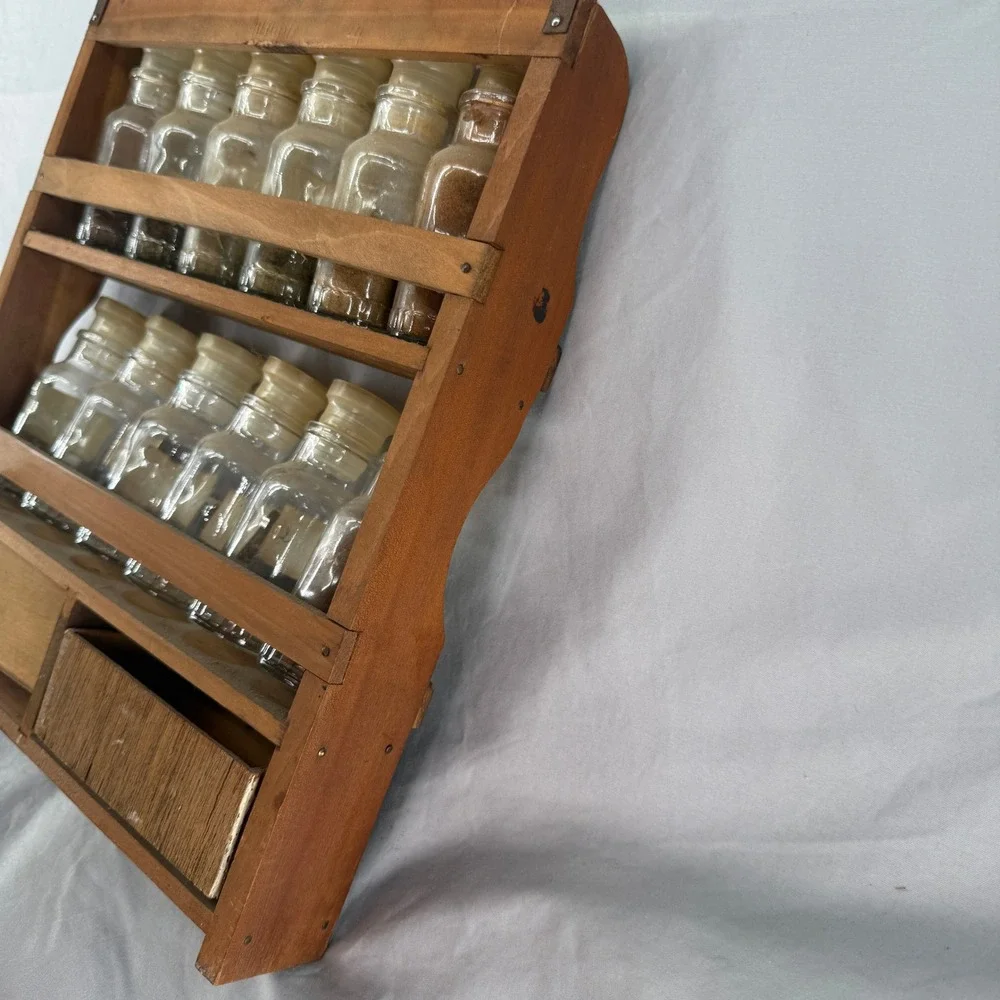 Vintage Wooden Spice Rack 12 Glass Apothecary Jars 2 Drawers Wall Mount Brown